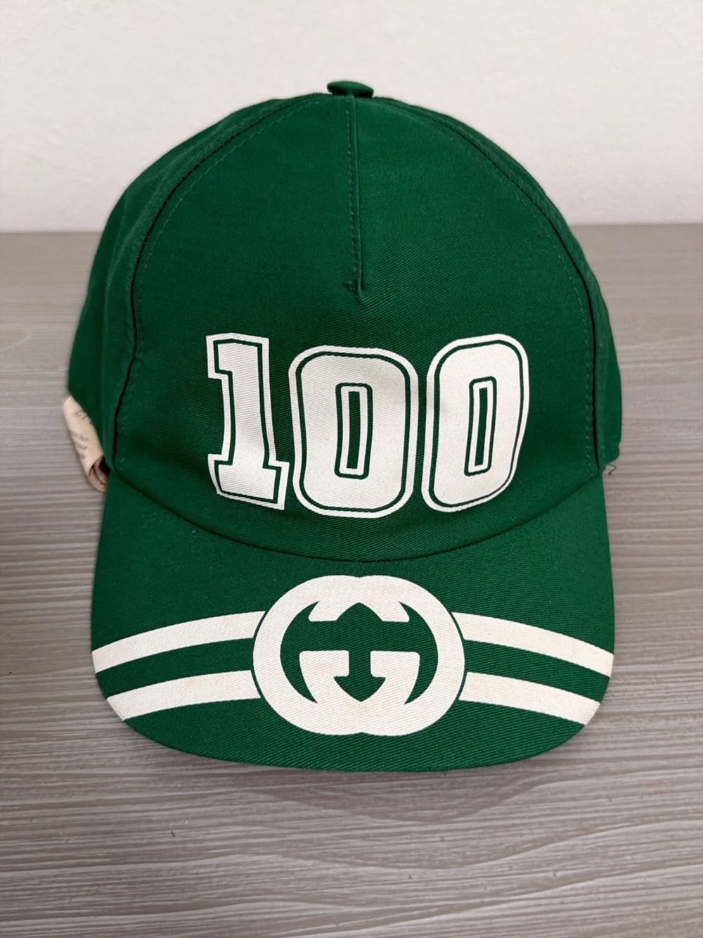 Gucci Kids Green Cap with White '100' Logo and Striped GG Motif